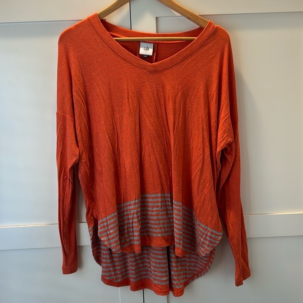 Cabi Shirt Women’s Orange With Gray Stripes Small S Long Sleeve Hang Out  Top